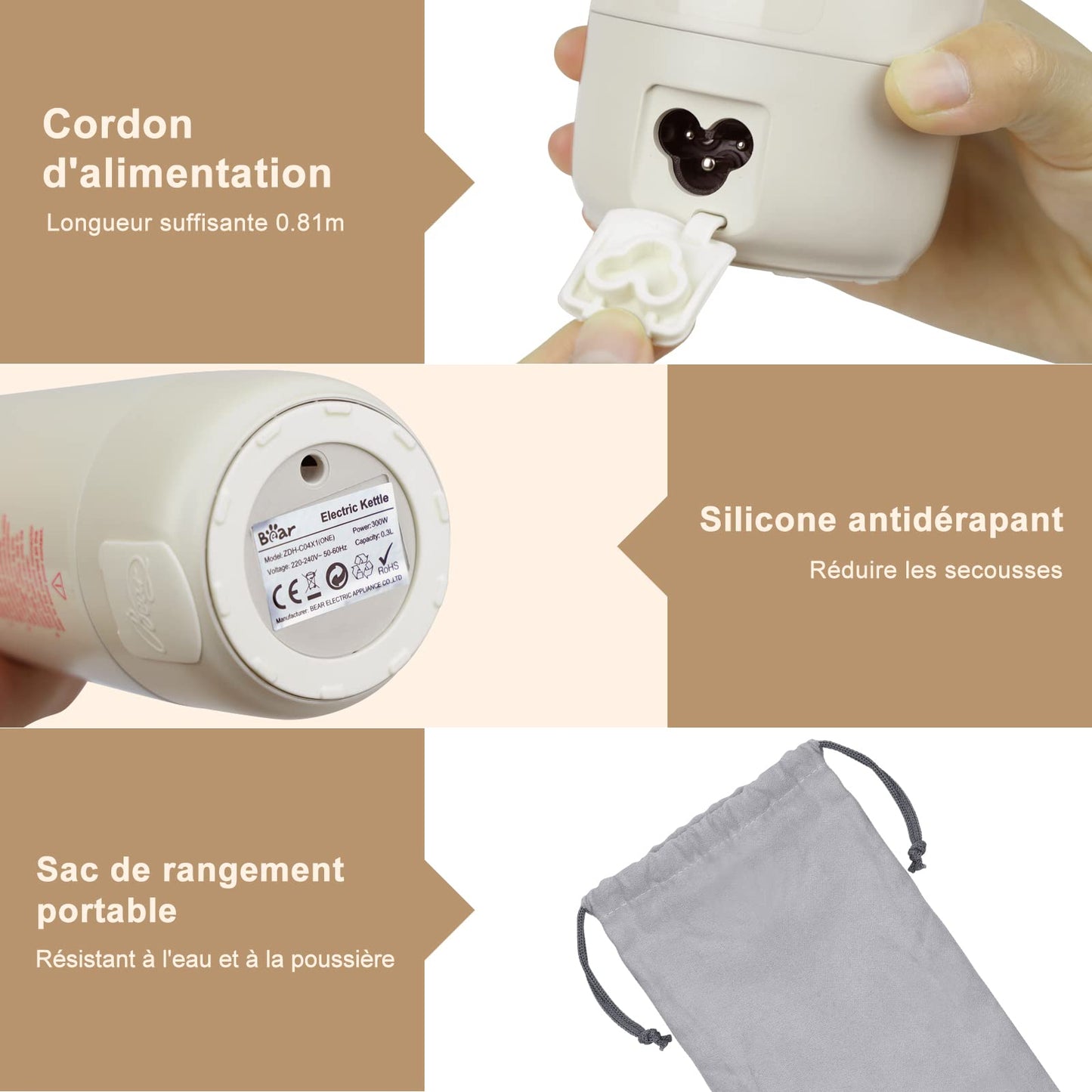 Bear 300ml Bouilloire Électrique À Quatre Températures, Portable À Un Seul Point De Contrôle Tactile, Tasse À Vide À Chauffage Rapide 3 En 1, Doublure Double En Acier Inoxydable 304
