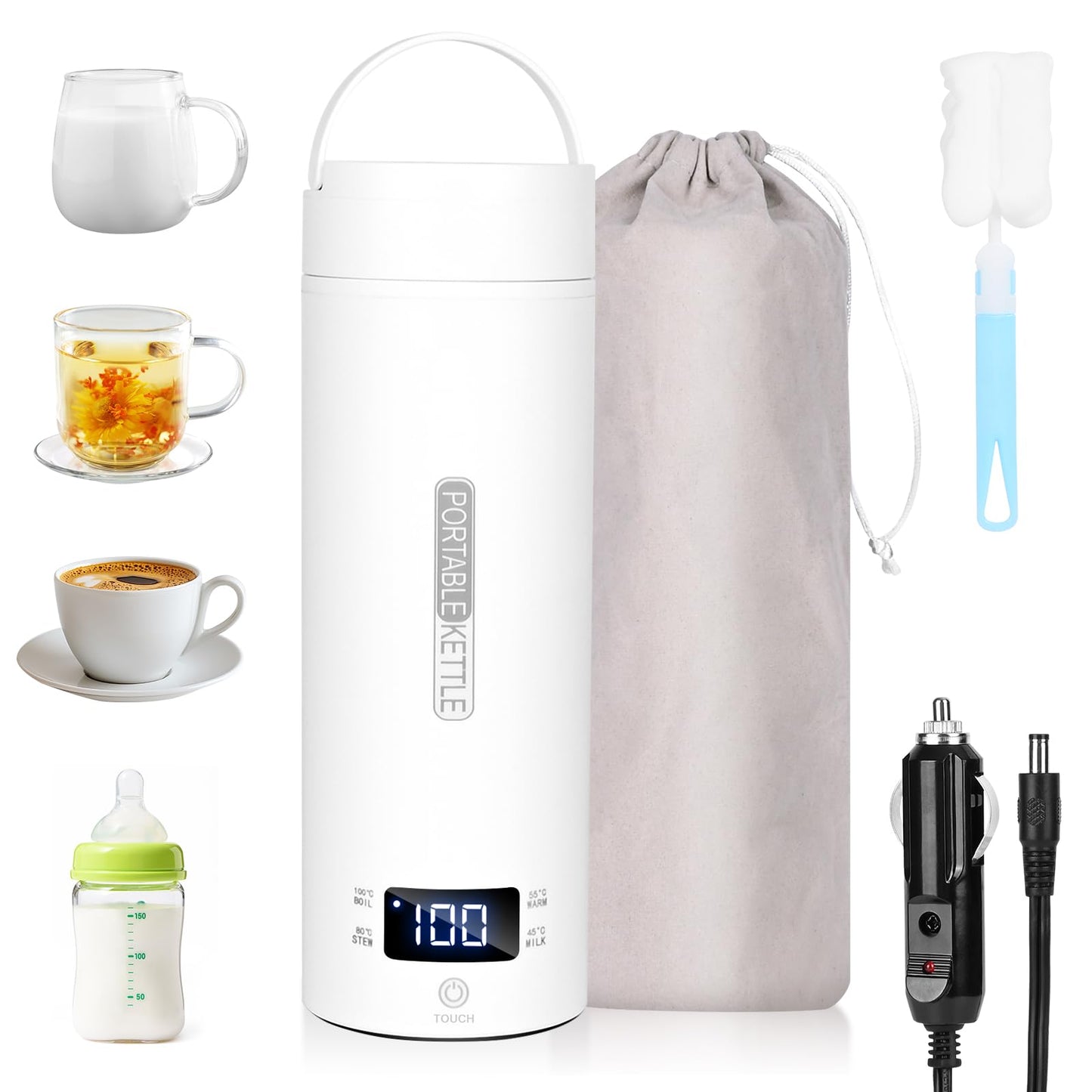 Dreamhigh® Bouilloire de Voyage, 500ml Mini Bouilloire Electrique, 96 W Petite Bouilloire Electrique, Chauffe Eau Portable pour Café, Lait, Thé Voiture (12V)