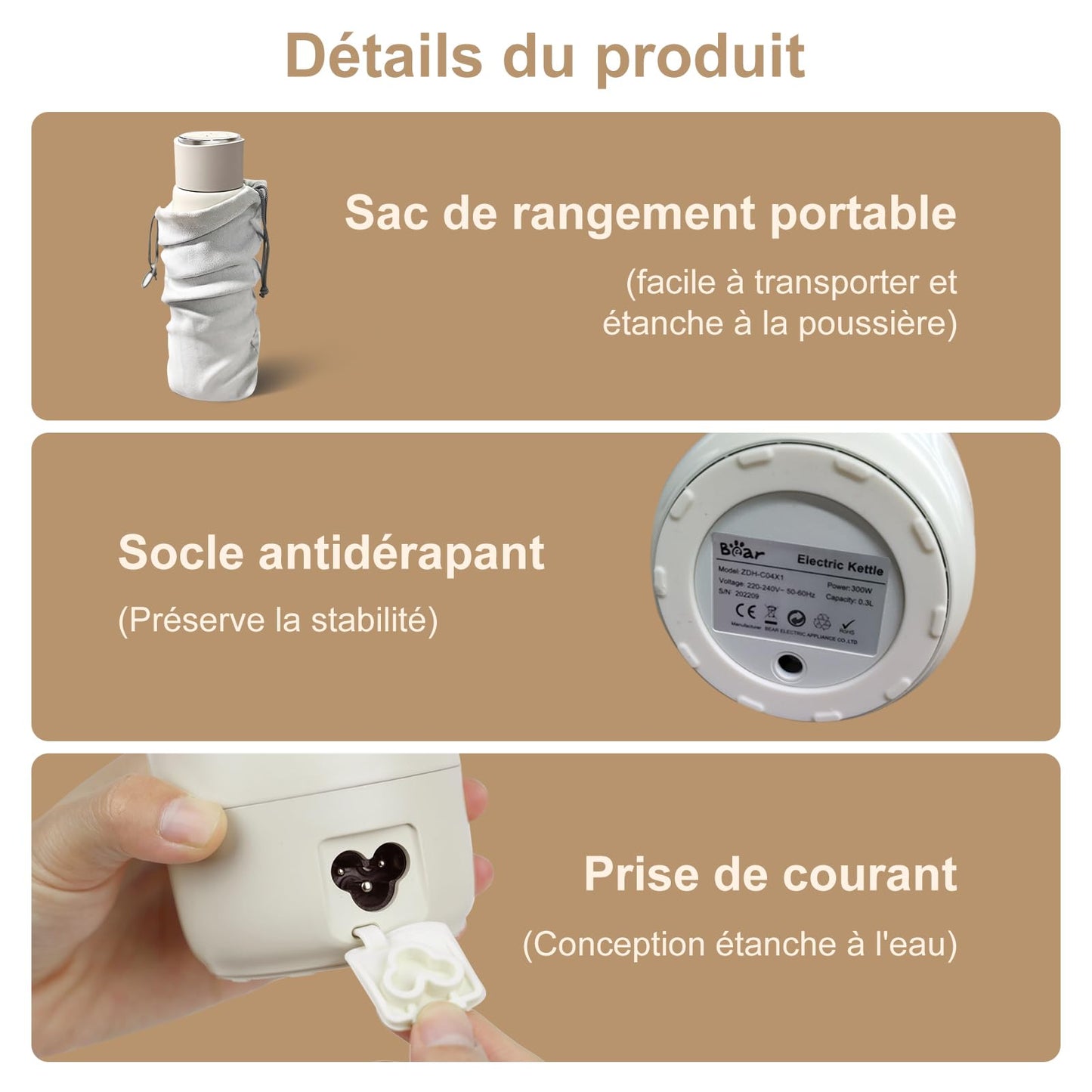 Bear 300 ml 4 Temperatures Bouilloire Electrique 3 en 1 Bouilloire Electrique de Voyage Doublure en Acier Inoxydable Double 304 Petite Tasse de Chauffage Rapide Portative