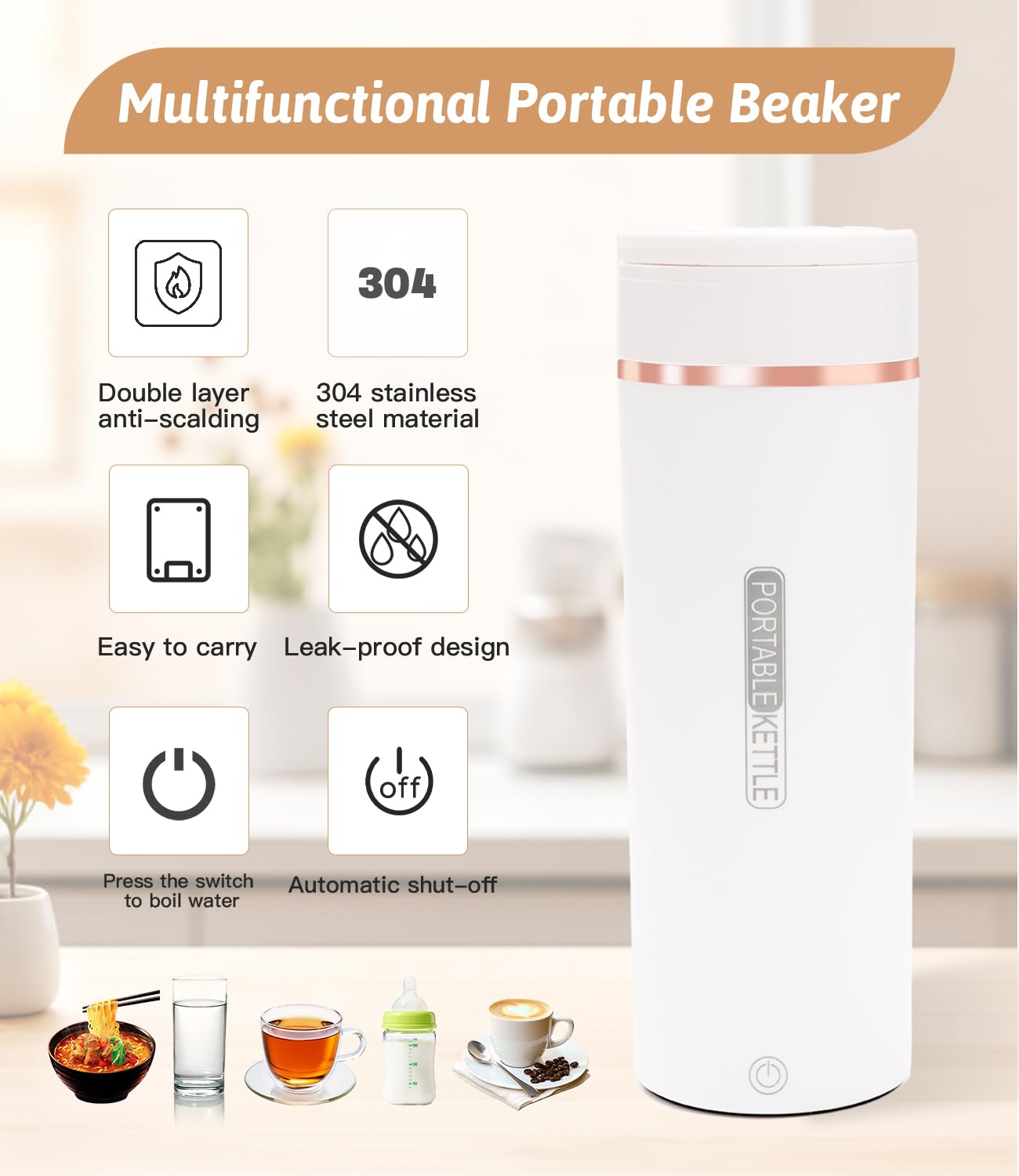 Nuxory 500ML Mini Bouilloire portable Electrique de Voyage, 6 Temperatures Bouilloire Electrique, Acier inoxydable 304 avec Brosses et sacs, Tasse de Chauffage Rapide pour Thé Lait Café Arrêt Automati