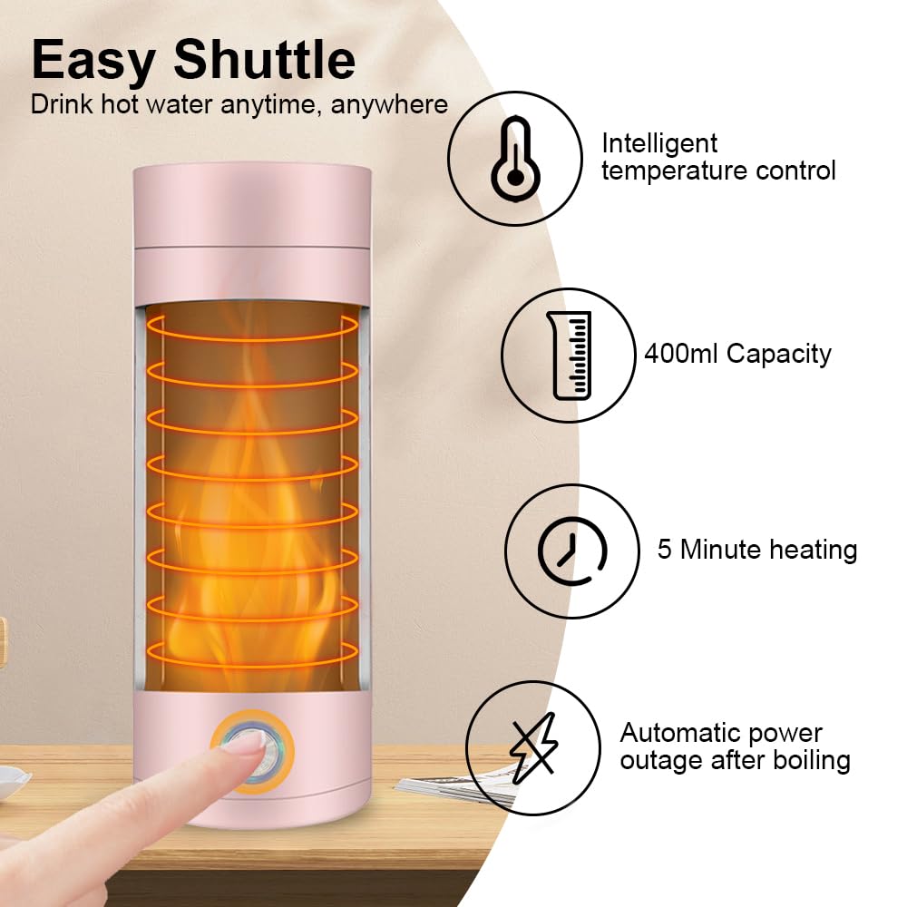 mizikuu Bouilloire électrique de Voyage, 3 en 1 Mini Bouilloire 400ml Bouilloire Portable de Voyage Acier Inoxydable 300W 5 Minutes de Cuisson Rapide Mug Chauffant pour Lait Café Thé, Rose