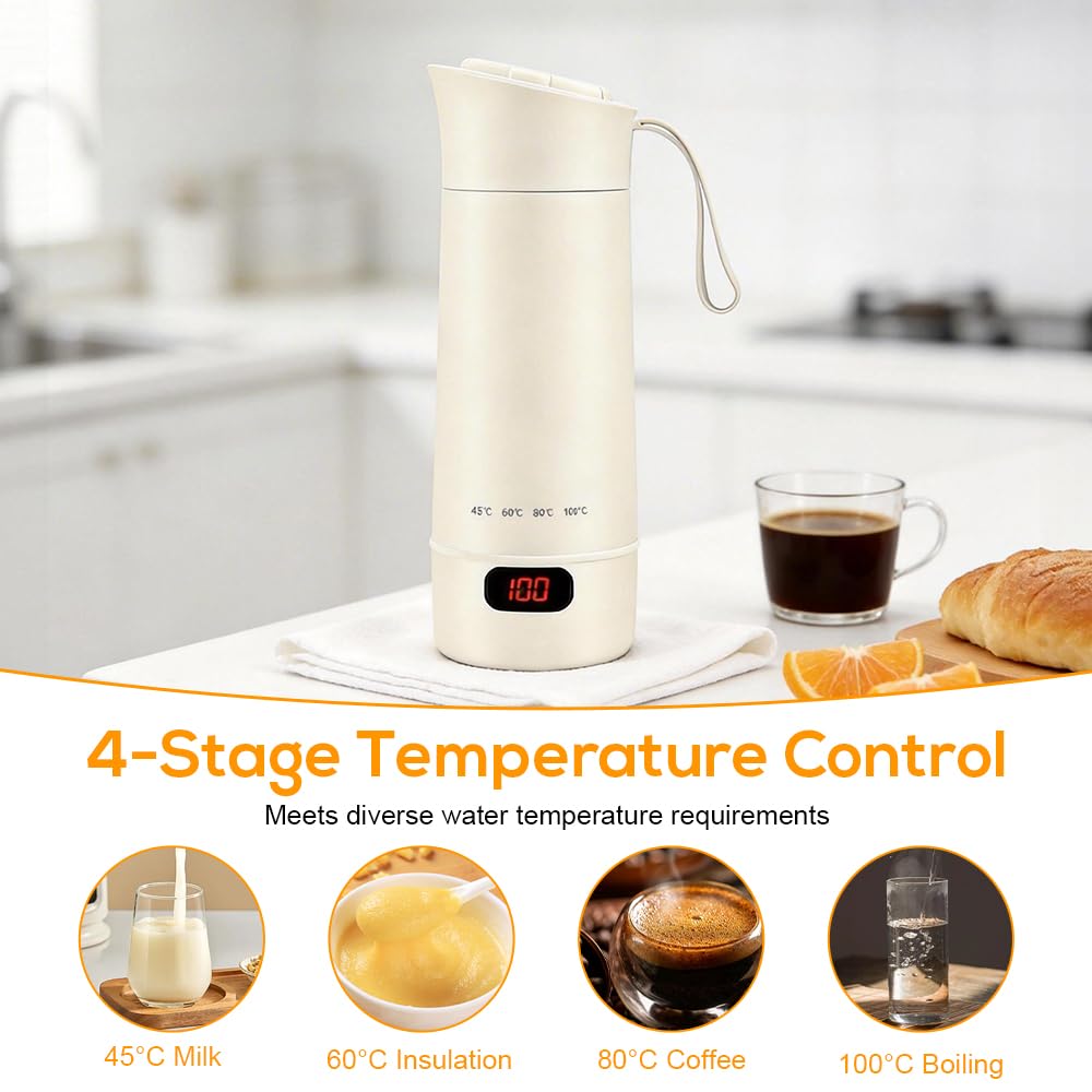 Wxeadu 4 in 1 Mini Bouilloire Electrique, 400ML Réglable Bouilloire de Voyage, 4 Témpérature Contrôle Tactile Petite Bouilloire Electrique, Chauffe Eau Portable pour Thé Lait Café Arrêt Automatique