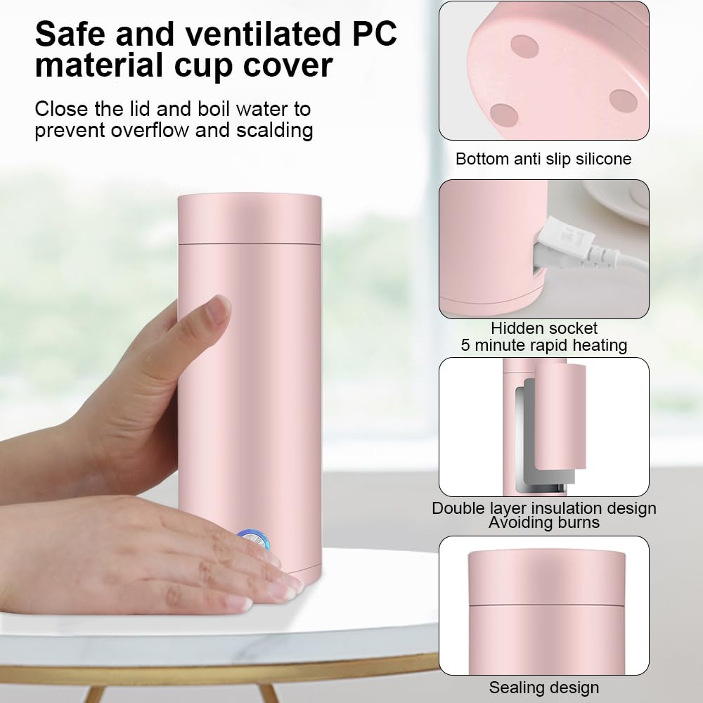 mizikuu Bouilloire électrique de Voyage, 3 en 1 Mini Bouilloire 400ml Bouilloire Portable de Voyage Acier Inoxydable 300W 5 Minutes de Cuisson Rapide Mug Chauffant pour Lait Café Thé, Rose