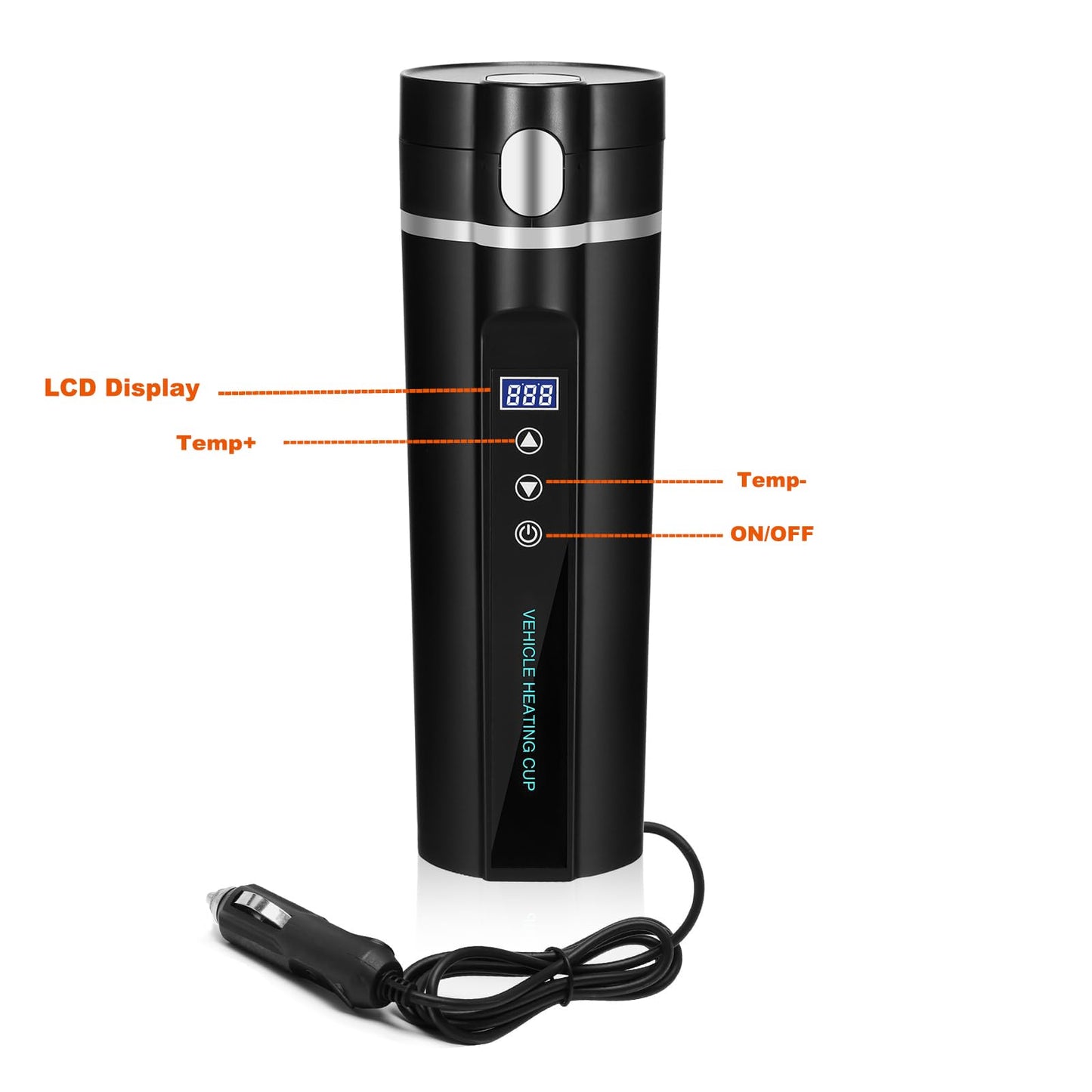ONEVER Bouilloire électrique de voyage 24 V/12 V pour voiture/camion, 450 ml, tasse à eau chauffante avec écran LCD, contrôle de la température, tasse à café portable, noir