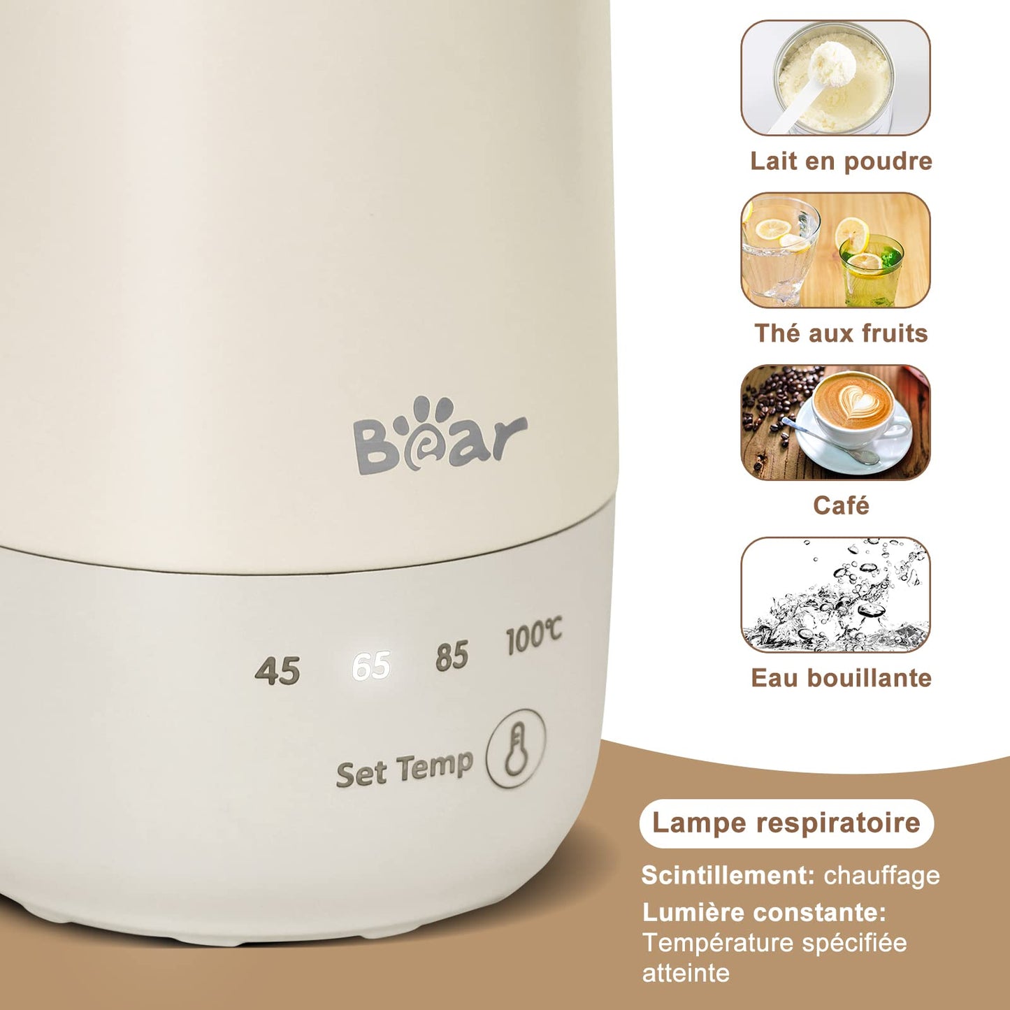 Bear 300ml Bouilloire Électrique À Quatre Températures, Portable À Un Seul Point De Contrôle Tactile, Tasse À Vide À Chauffage Rapide 3 En 1, Doublure Double En Acier Inoxydable 304