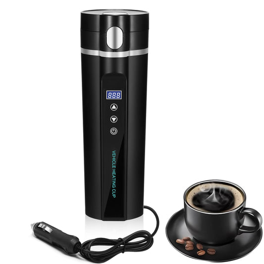 ONEVER Bouilloire électrique de voyage 24 V/12 V pour voiture/camion, 450 ml, tasse à eau chauffante avec écran LCD, contrôle de la température, tasse à café portable, noir