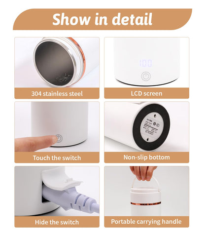Nuxory 500ML Mini Bouilloire portable Electrique de Voyage, 6 Temperatures Bouilloire Electrique, Acier inoxydable 304 avec Brosses et sacs, Tasse de Chauffage Rapide pour Thé Lait Café Arrêt Automati