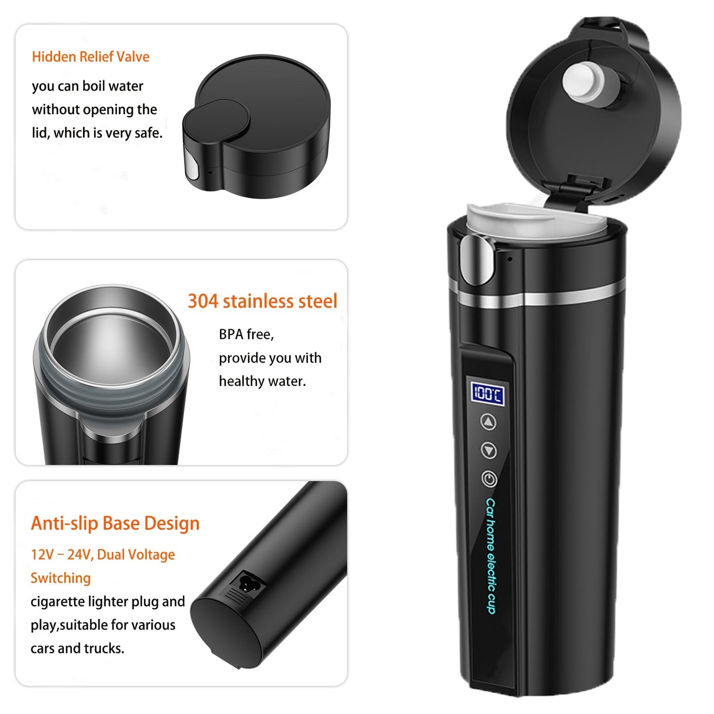 ONEVER Bouilloire électrique de voyage 24 V/12 V pour voiture/camion, 450 ml, tasse à eau chauffante avec écran LCD, contrôle de la température, tasse à café portable, noir