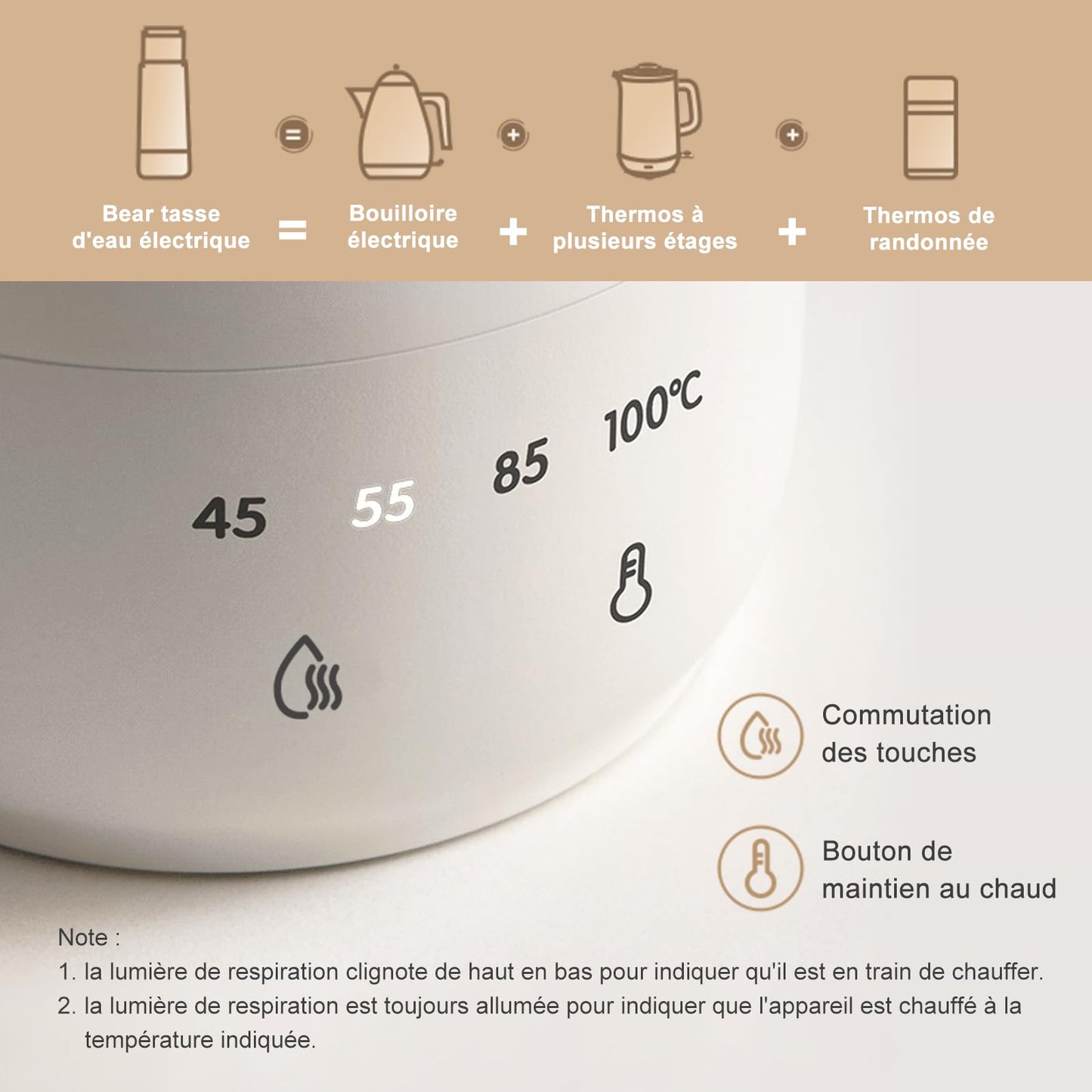 Bear 300 ml 4 Temperatures Bouilloire Electrique 3 en 1 Bouilloire Electrique de Voyage Doublure en Acier Inoxydable Double 304 Petite Tasse de Chauffage Rapide Portative