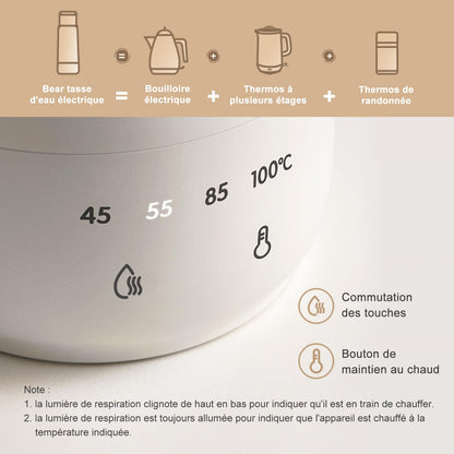 Bear 300 ml 4 Temperatures Bouilloire Electrique 3 en 1 Bouilloire Electrique de Voyage Doublure en Acier Inoxydable Double 304 Petite Tasse de Chauffage Rapide Portative