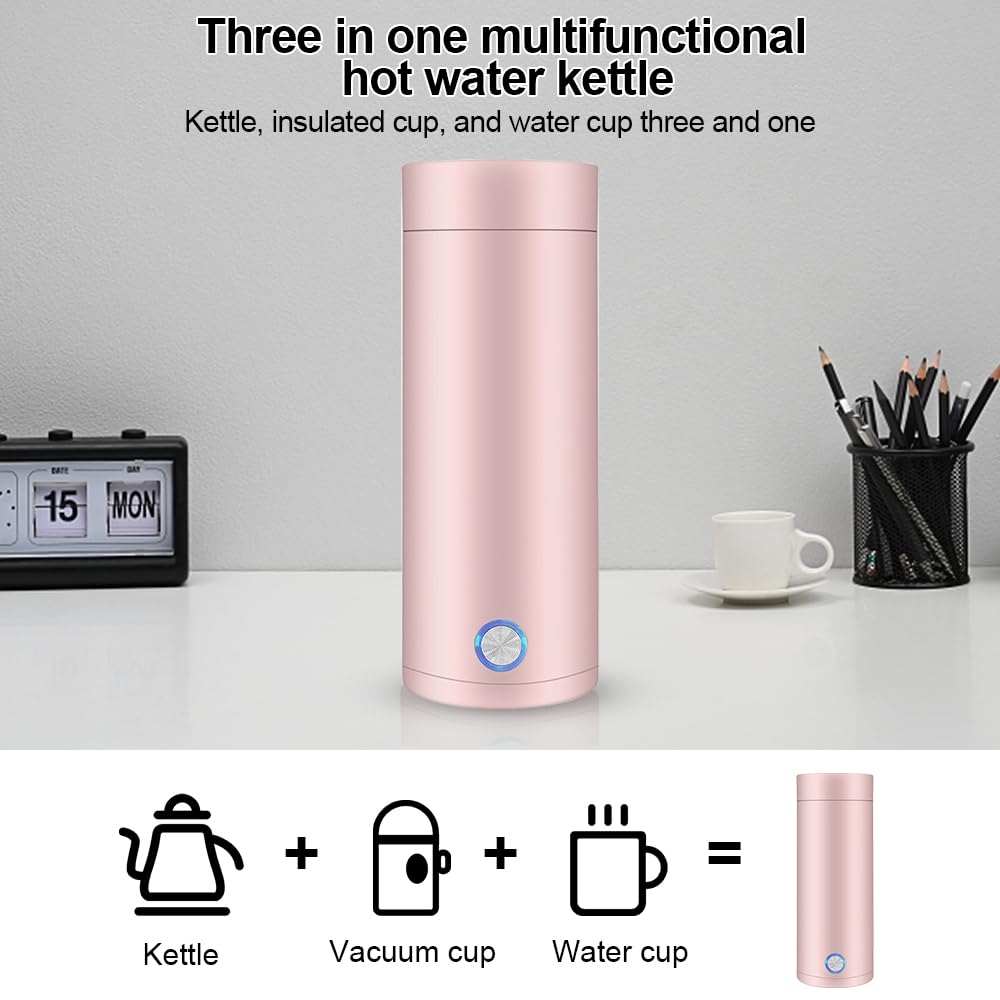 mizikuu Bouilloire électrique de Voyage, 3 en 1 Mini Bouilloire 400ml Bouilloire Portable de Voyage Acier Inoxydable 300W 5 Minutes de Cuisson Rapide Mug Chauffant pour Lait Café Thé, Rose