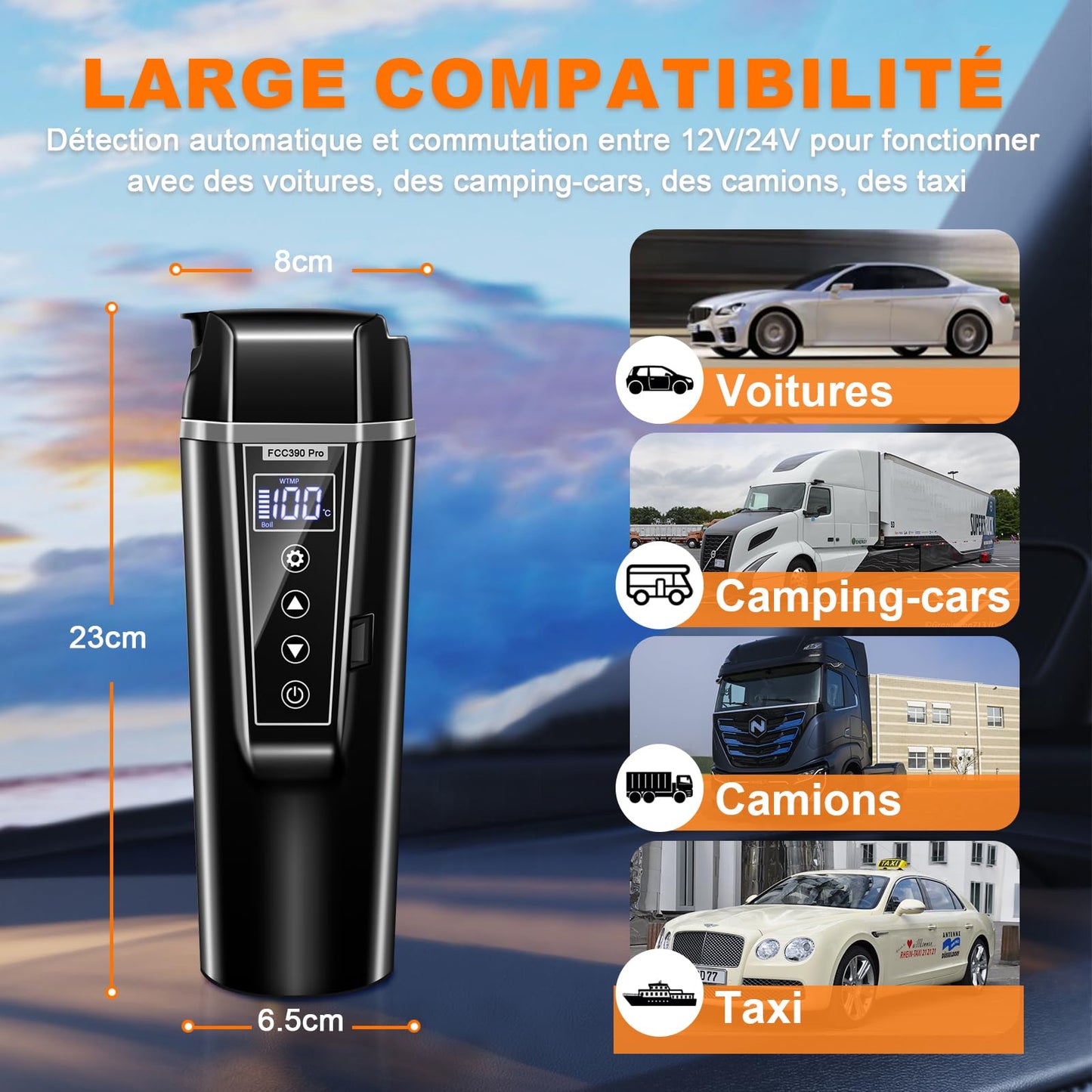 GRACEALL Bouilloire de Voyage de Voiture 12v 24v avec Prise de Voiture, Bouilloire électrique de Voyage Portable pour Voitures, Camions, Taxis, 450 ml Acier Inoxydable 304