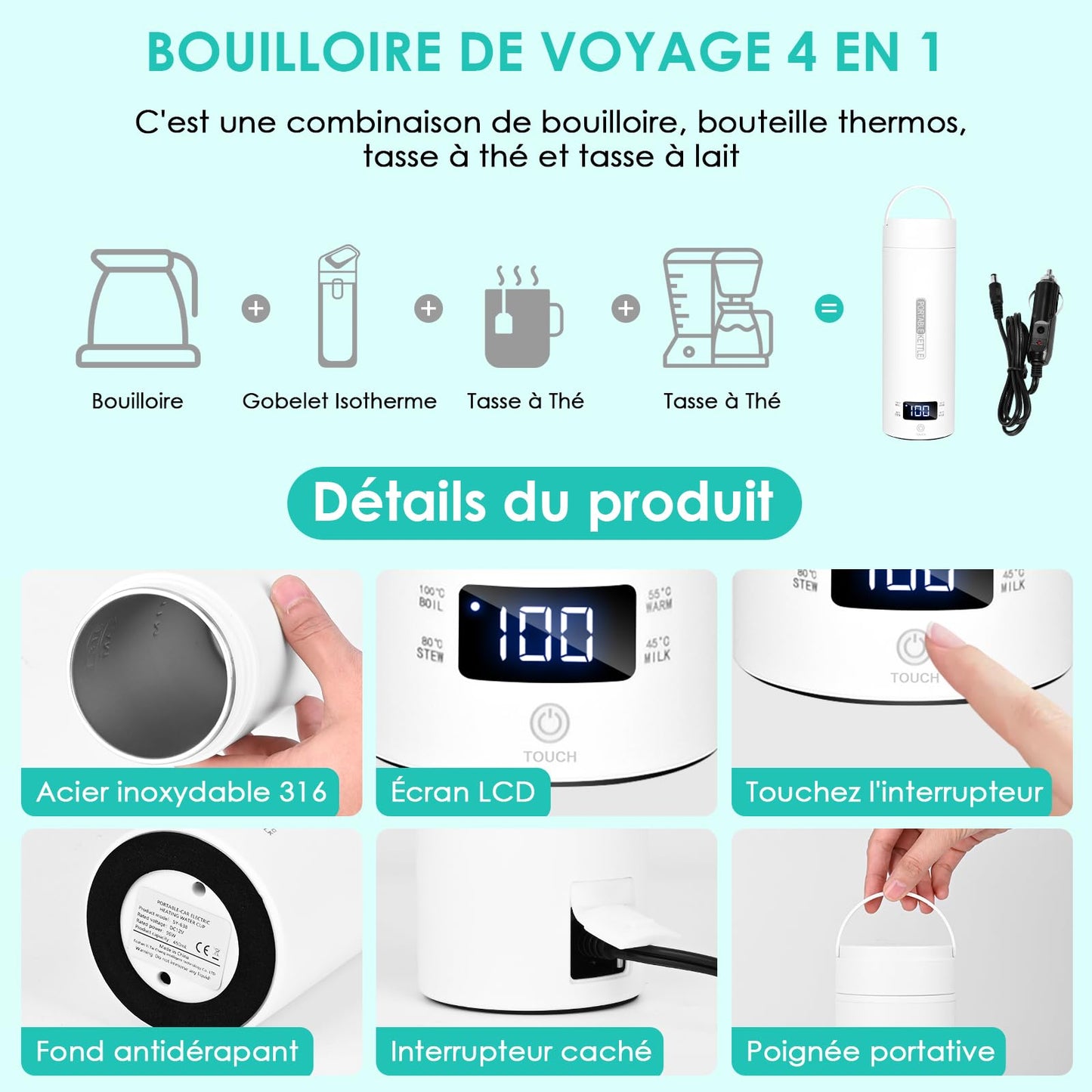 Dreamhigh® Bouilloire de Voyage, 500ml Mini Bouilloire Electrique, 96 W Petite Bouilloire Electrique, Chauffe Eau Portable pour Café, Lait, Thé Voiture (12V)