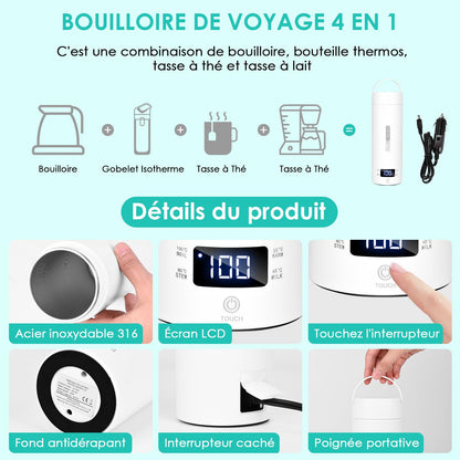 Dreamhigh® Bouilloire de Voyage, 500ml Mini Bouilloire Electrique, 96 W Petite Bouilloire Electrique, Chauffe Eau Portable pour Café, Lait, Thé Voiture (12V)