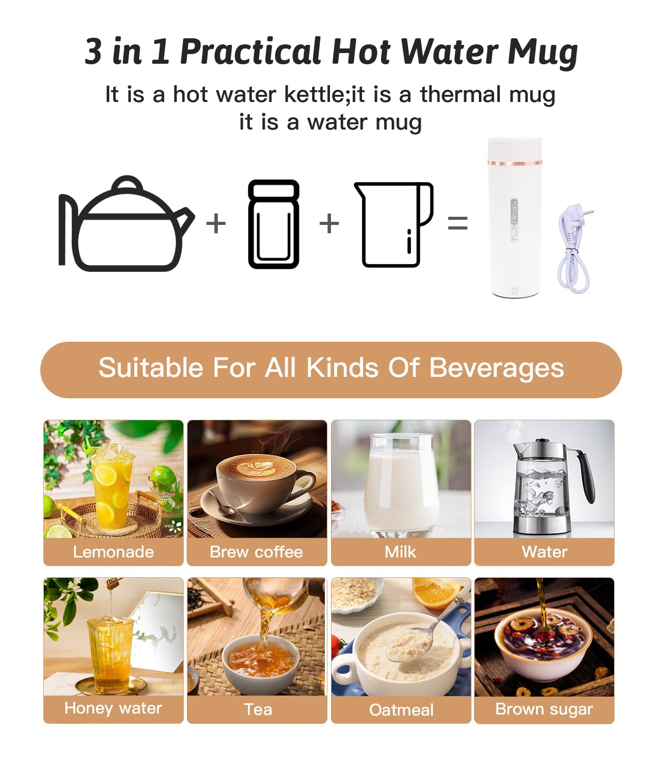 Nuxory 500ML Mini Bouilloire portable Electrique de Voyage, 6 Temperatures Bouilloire Electrique, Acier inoxydable 304 avec Brosses et sacs, Tasse de Chauffage Rapide pour Thé Lait Café Arrêt Automati