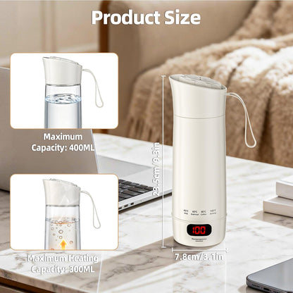 Mini Bouilloire électrique Portable 400 ML, 3 en 1 Bouilloire de Voyage avec 4 Niveaux de Réglage de la Température, Doublure en Acier Inoxydable 304, Protection Contre les Brûlures à Sec