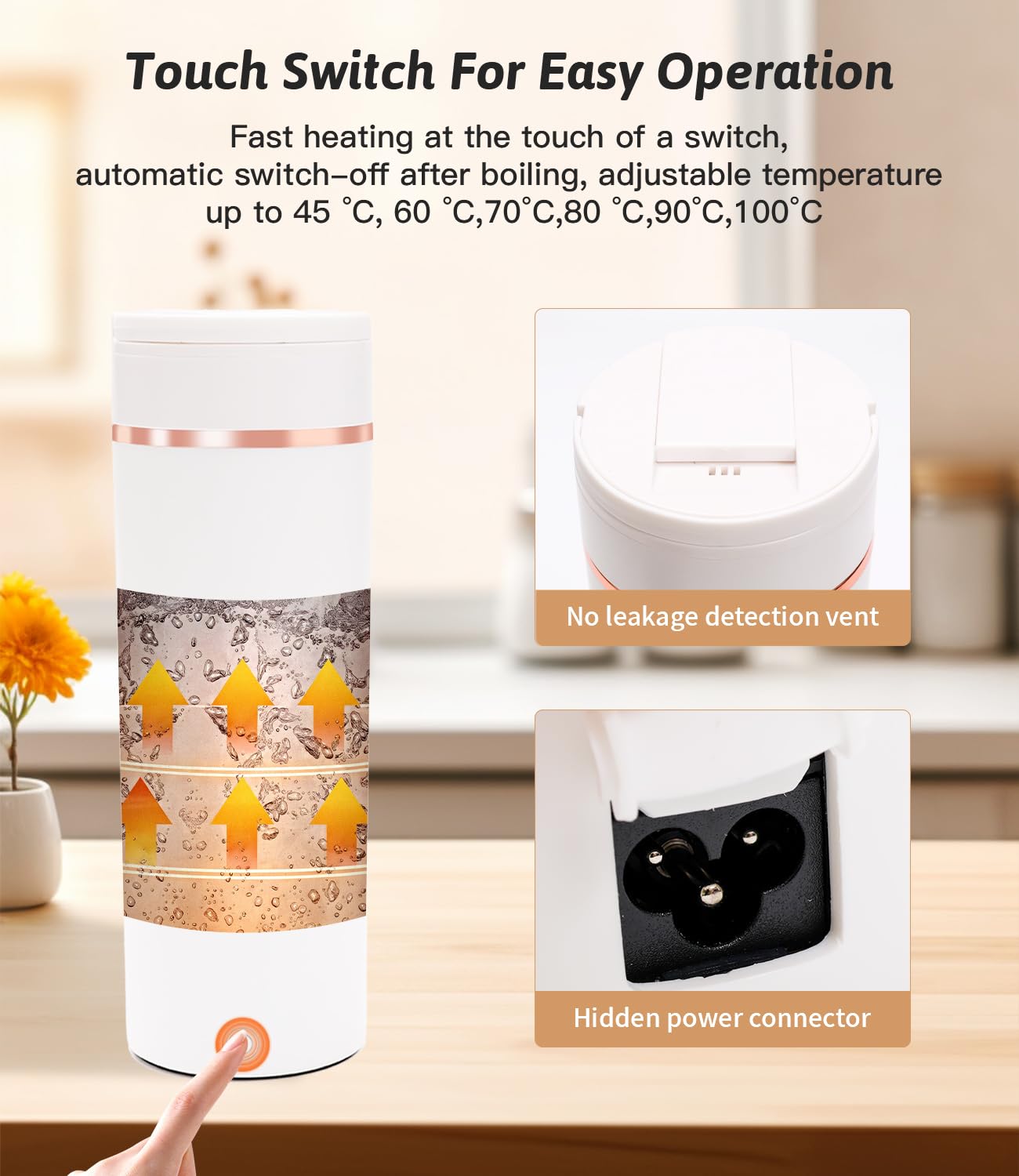 Nuxory 500ML Mini Bouilloire portable Electrique de Voyage, 6 Temperatures Bouilloire Electrique, Acier inoxydable 304 avec Brosses et sacs, Tasse de Chauffage Rapide pour Thé Lait Café Arrêt Automati