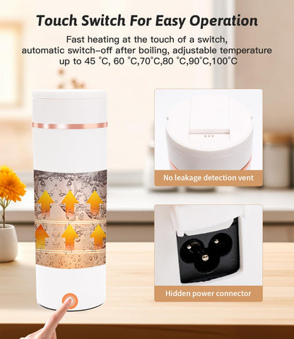 Nuxory 500ML Mini Bouilloire portable Electrique de Voyage, 6 Temperatures Bouilloire Electrique, Acier inoxydable 304 avec Brosses et sacs, Tasse de Chauffage Rapide pour Thé Lait Café Arrêt Automati