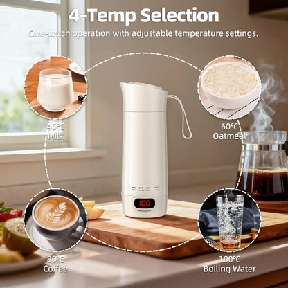 Mini Bouilloire électrique Portable 400 ML, 3 en 1 Bouilloire de Voyage avec 4 Niveaux de Réglage de la Température, Doublure en Acier Inoxydable 304, Protection Contre les Brûlures à Sec