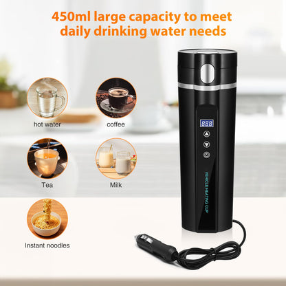 ONEVER Bouilloire électrique de voyage 24 V/12 V pour voiture/camion, 450 ml, tasse à eau chauffante avec écran LCD, contrôle de la température, tasse à café portable, noir