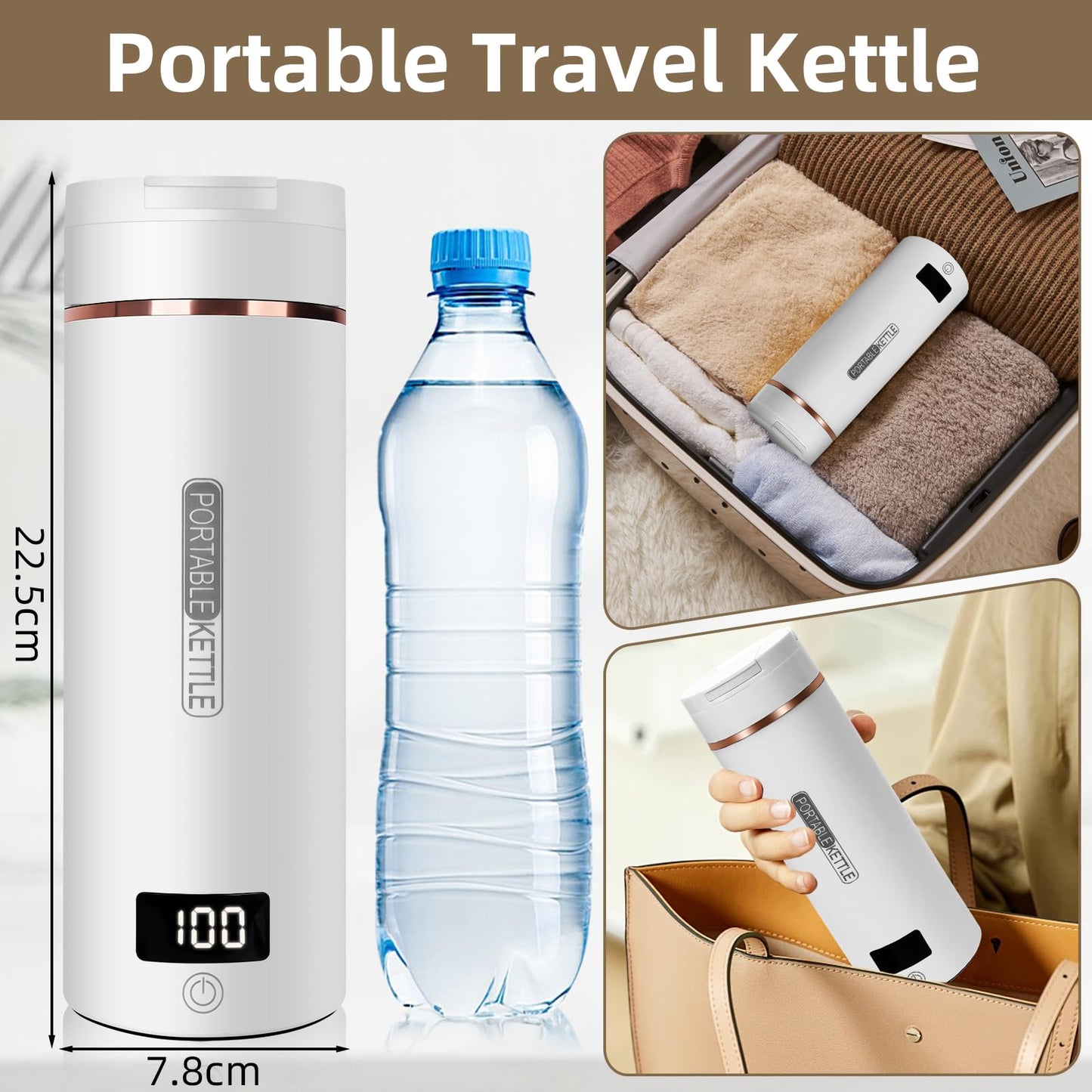 Mini Bouilloire Electrique de Voyage, 400ML Bouilloire Portable de Voyage Avec 6 Réglages de Température, chauffage automatiquement arrêté, avec Inoxydable 316 pour thé, café, lait de bébé