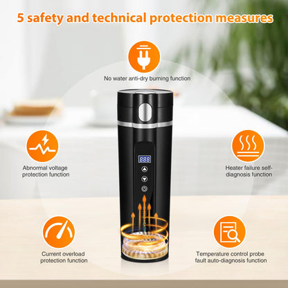 ONEVER Bouilloire électrique de voyage 24 V/12 V pour voiture/camion, 450 ml, tasse à eau chauffante avec écran LCD, contrôle de la température, tasse à café portable, noir