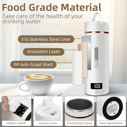 Mini Bouilloire Electrique de Voyage, 400ML Bouilloire Portable de Voyage Avec 6 Réglages de Température, chauffage automatiquement arrêté, avec Inoxydable 316 pour thé, café, lait de bébé
