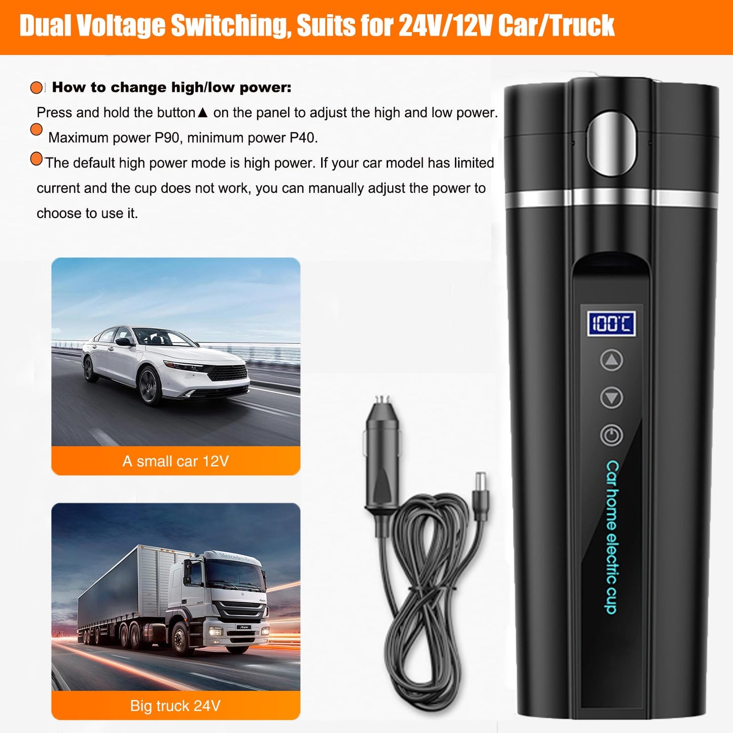 ONEVER Bouilloire électrique de voyage 24 V/12 V pour voiture/camion, 450 ml, tasse à eau chauffante avec écran LCD, contrôle de la température, tasse à café portable, noir