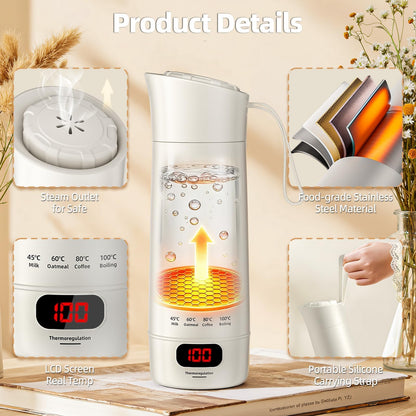 Mini Bouilloire électrique Portable 400 ML, 3 en 1 Bouilloire de Voyage avec 4 Niveaux de Réglage de la Température, Doublure en Acier Inoxydable 304, Protection Contre les Brûlures à Sec