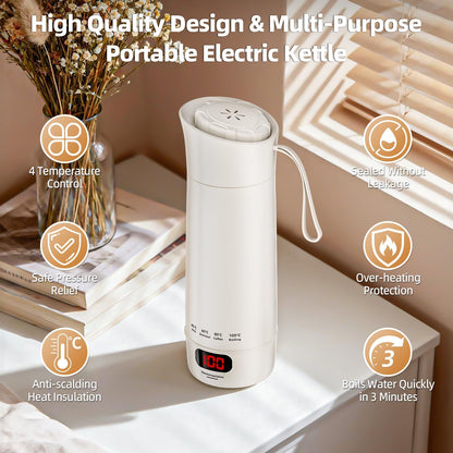 Mini Bouilloire électrique Portable 400 ML, 3 en 1 Bouilloire de Voyage avec 4 Niveaux de Réglage de la Température, Doublure en Acier Inoxydable 304, Protection Contre les Brûlures à Sec