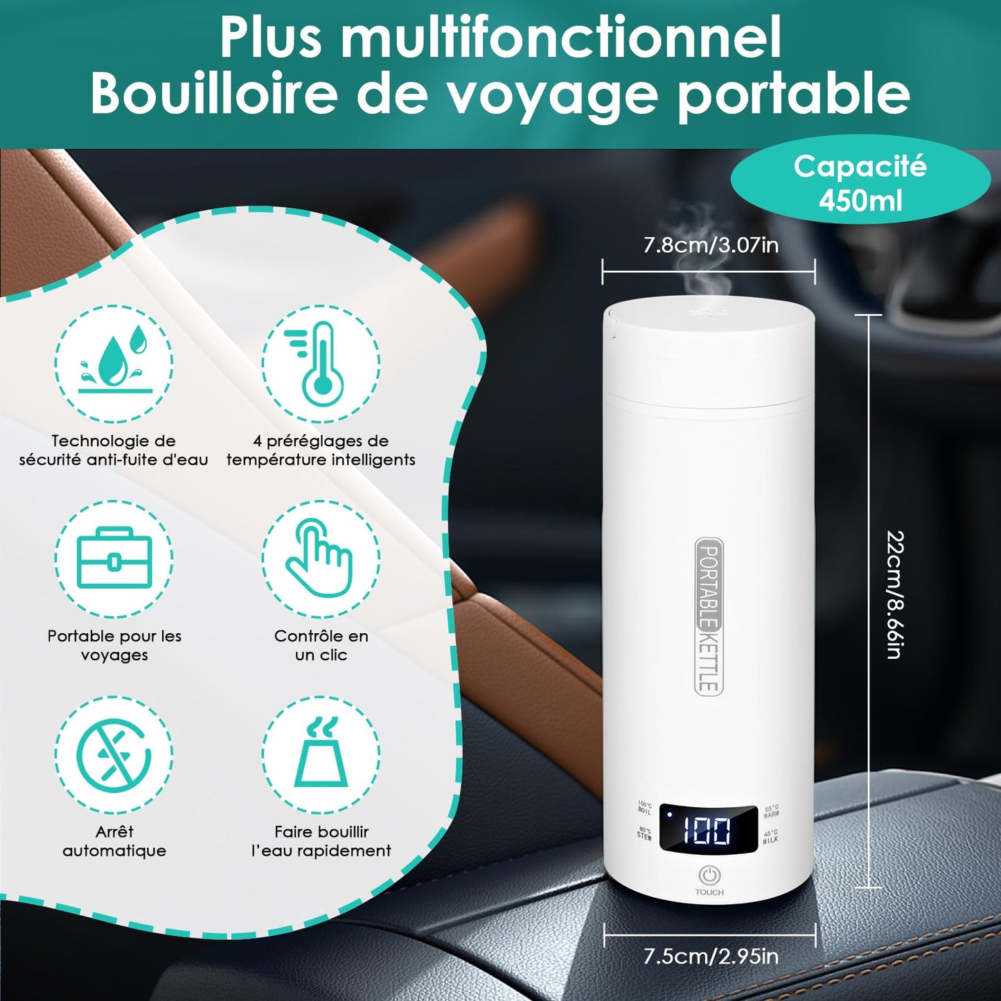 Dreamhigh® Bouilloire de Voyage, 500ml Mini Bouilloire Electrique, 96 W Petite Bouilloire Electrique, Chauffe Eau Portable pour Café, Lait, Thé Voiture (12V)