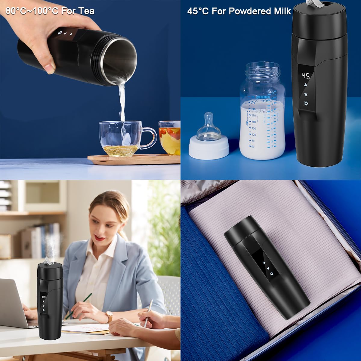 Bouilloire électrique portable, 350 ml 3 en 1 Mini Mug de voyage avec doublure en acier inoxydable 304, 40~100℃ réglable, 300W tasse d'ébullition rapide, étanche, protection contre les brûlures à sec