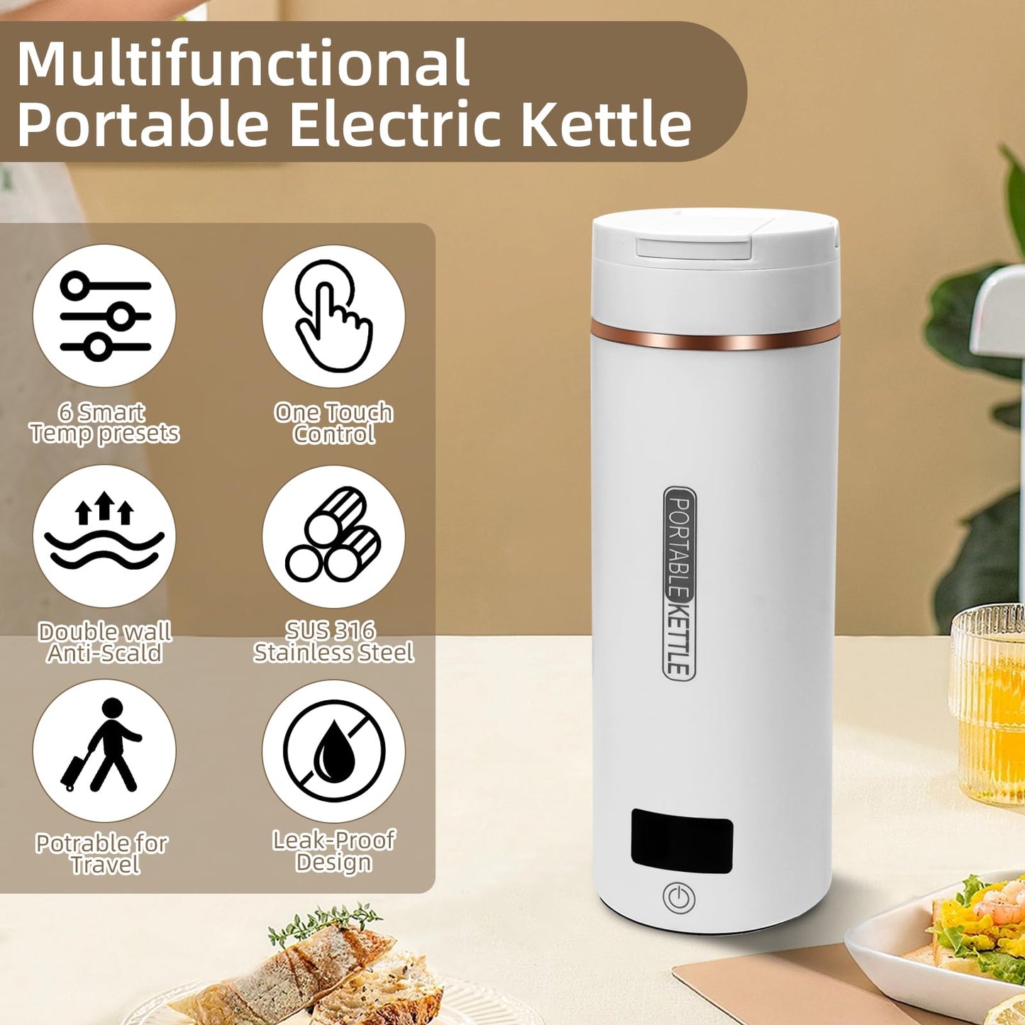 Mini Bouilloire Electrique de Voyage, 400ML Bouilloire Portable de Voyage Avec 6 Réglages de Température, chauffage automatiquement arrêté, avec Inoxydable 316 pour thé, café, lait de bébé