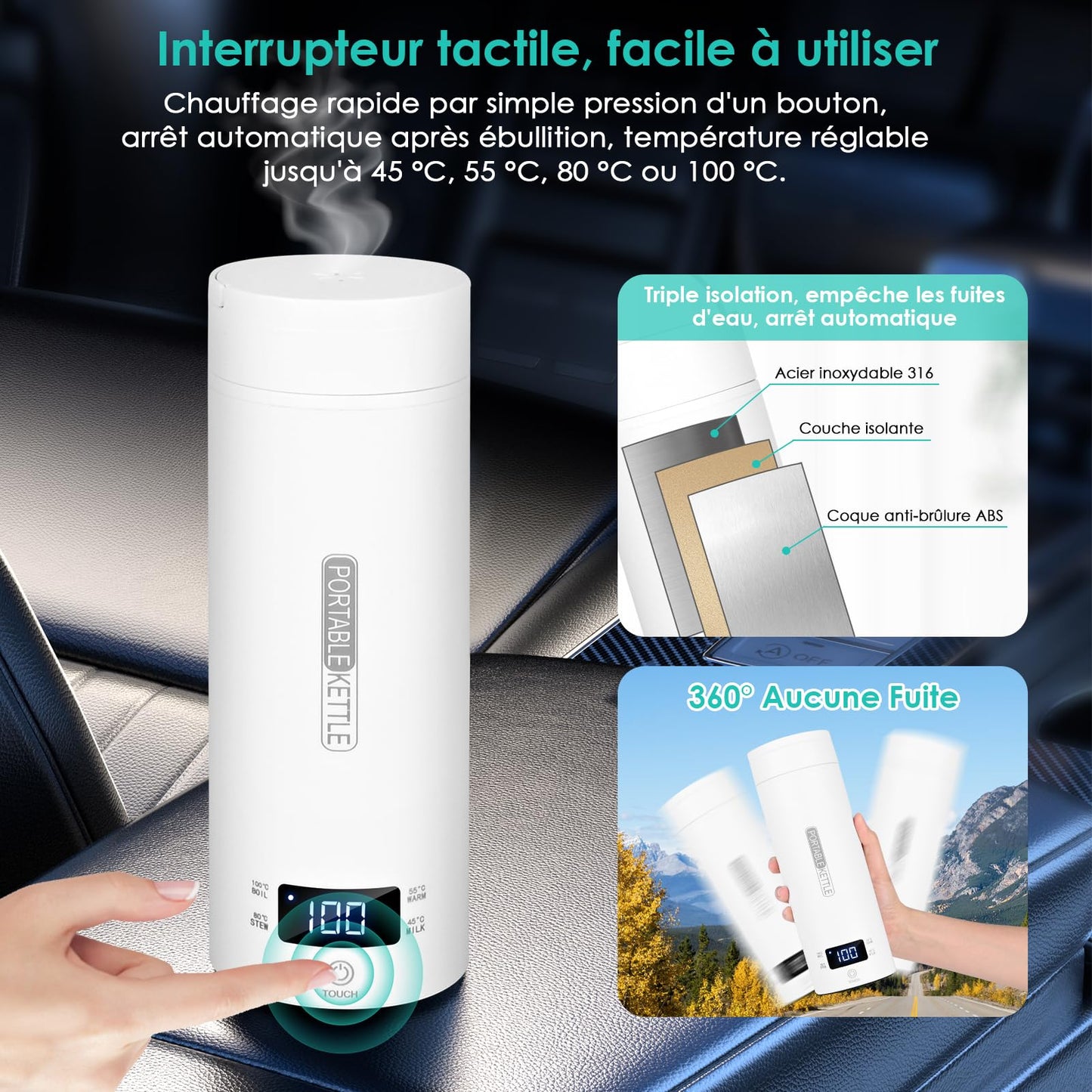 Dreamhigh® Bouilloire de Voyage, 500ml Mini Bouilloire Electrique, 96 W Petite Bouilloire Electrique, Chauffe Eau Portable pour Café, Lait, Thé Voiture (12V)