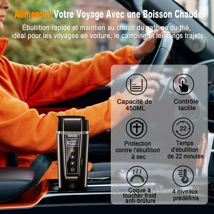 GRACEALL Bouilloire de Voyage de Voiture 12v 24v avec Prise de Voiture, Bouilloire électrique de Voyage Portable pour Voitures, Camions, Taxis, 450 ml Acier Inoxydable 304