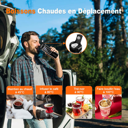GRACEALL Bouilloire de Voyage de Voiture 12v 24v avec Prise de Voiture, Bouilloire électrique de Voyage Portable pour Voitures, Camions, Taxis, 450 ml Acier Inoxydable 304